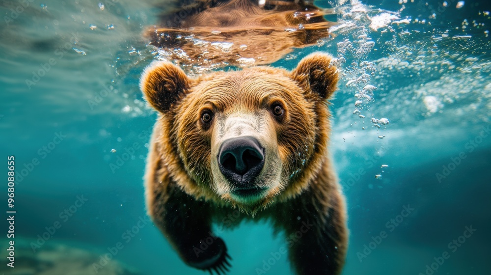 A brown bear swimming underwater in a clear blue lake on a sunny day in nature A brown bear swimming underwater in a clear blue lake on a sunny day in nature