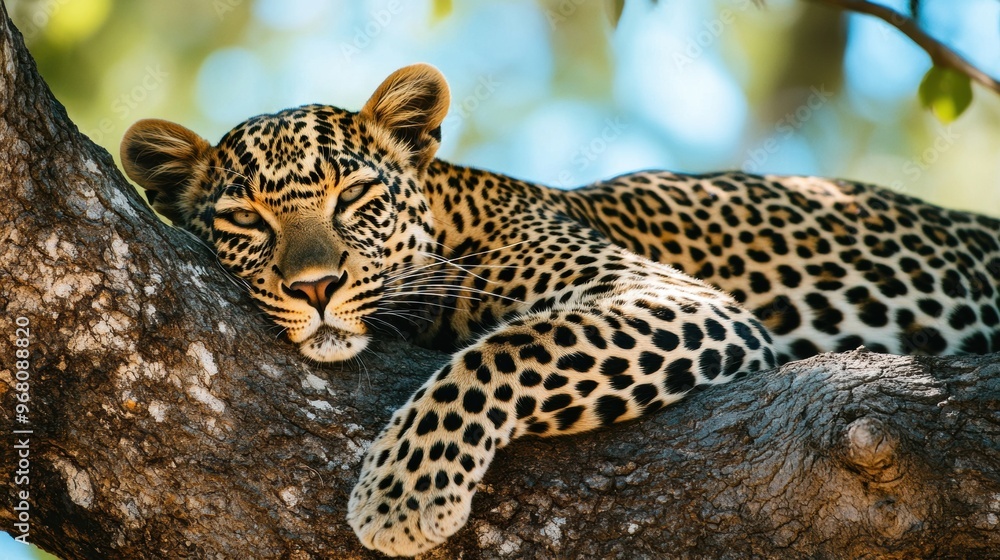 A relaxed leopard lounging on a tree branch in a lush savanna under a bright blue sky A relaxed leopard lounging on a tree branch in a lush savanna under a bright blue sky