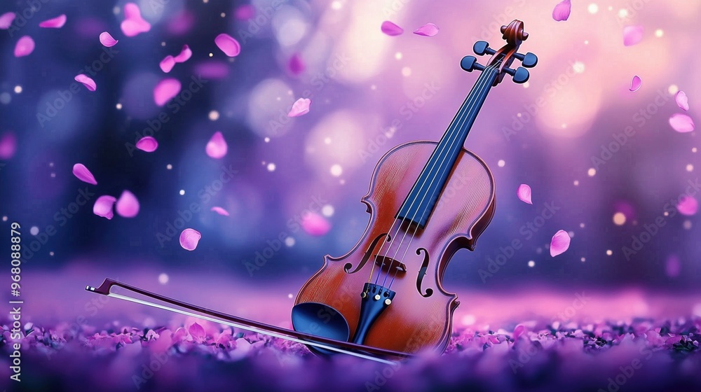 Fototapeta premium Violin and bow on ground, pink petals flying in the air, against a purple background