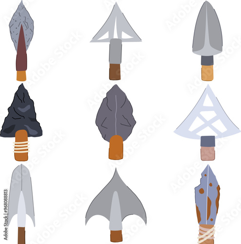 arrowhead set cartoon. prehistoric flint, stone tool, hunting weapon arrowhead sign. isolated symbol vector illustration