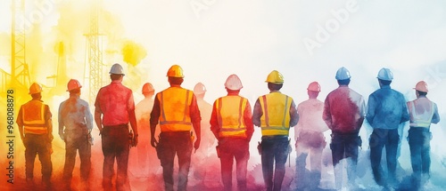 A group of workers in safety gear walks towards a construction site, with a colorful, smoky backdrop indicating an active work environment