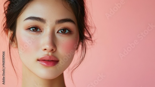 A close-up portrait of a young woman with natural makeup and flushed cheeks. The background is a gradient of pink hues, giving a soft and warm ambiance