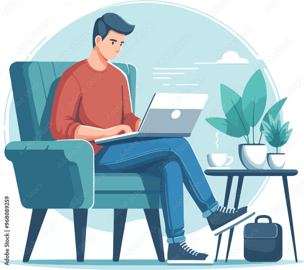 man working on his laptop, vector illustration man working on his laptop, vector illustration