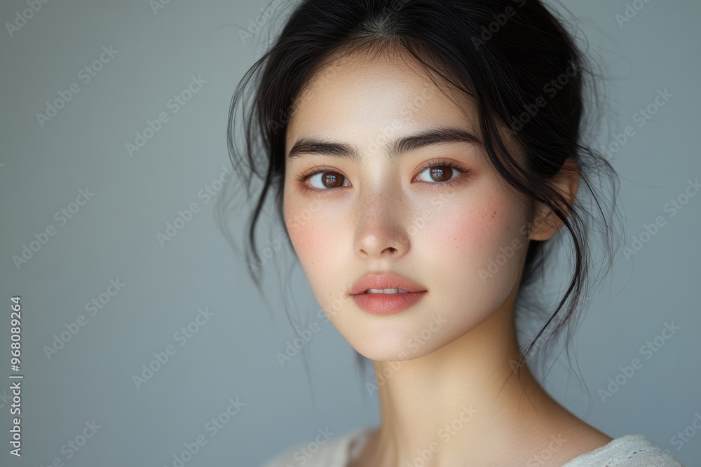 Fototapeta premium A close-up portrait of a young woman with natural makeup, showcasing her smooth skin, dark hair, and expressive eyes against a soft, neutral background