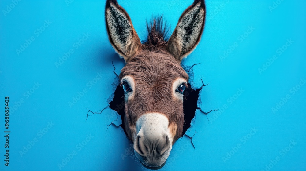 portrait donkey looking throuhg a hole in a blue wallpaper portrait donkey looking throuhg a hole in a blue wallpaper