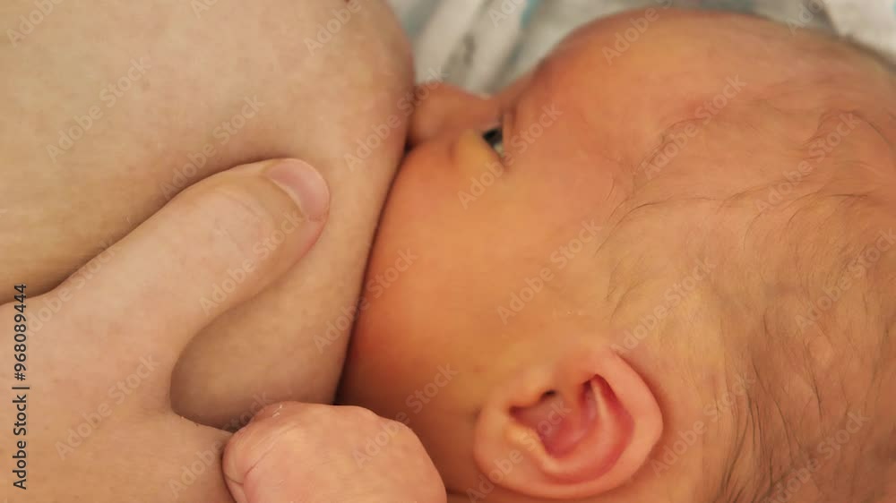 A close-up of a newborn baby suckling on the mother's breast. Breastfeeding a baby who is only one week old A close-up of a newborn baby suckling on the mother's breast. Breastfeeding a baby who is only one week old