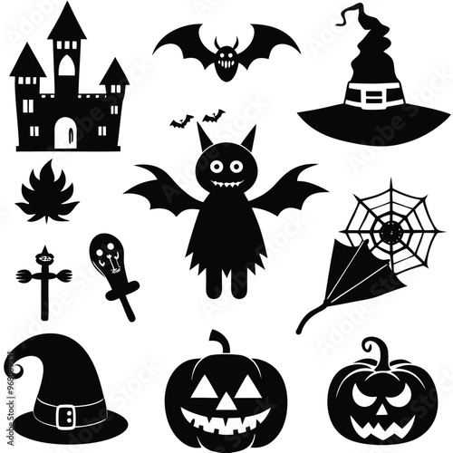 halloween set. pumpkin, skull, broom, headstone, spider, cobweb, crows, dead man's hand, witch hat, cauldron, bats. silhouette graphics. vector
