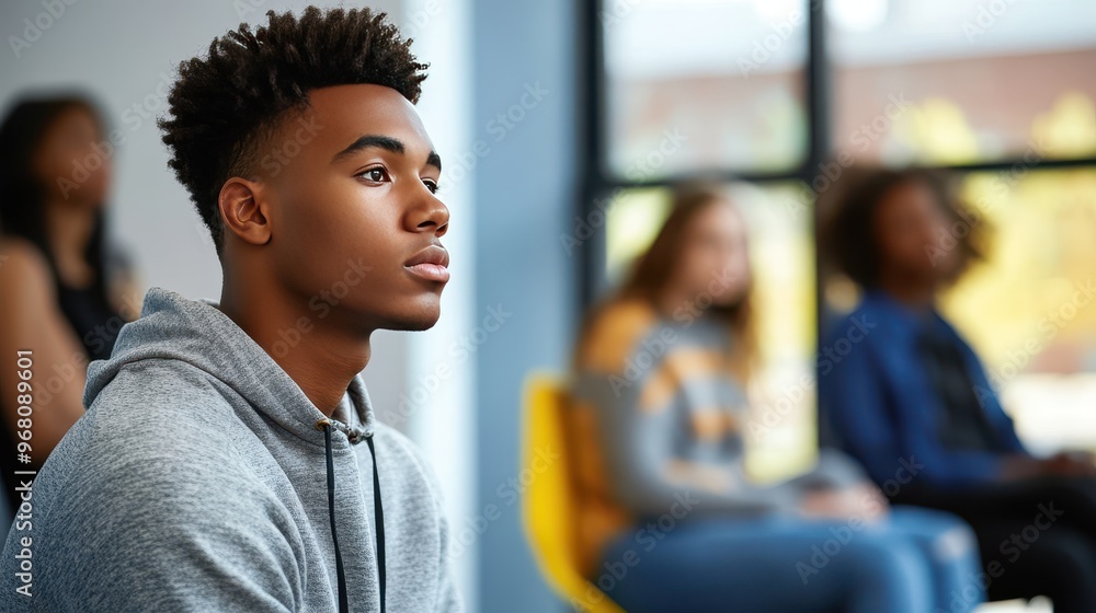 Young Man Contemplating in a Room with Blurred Background Young Man Contemplating in a Room with Blurred Background