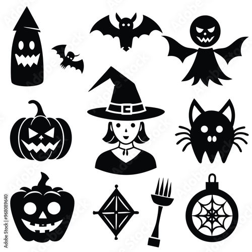 halloween set. pumpkin, skull, broom, headstone, spider, cobweb, crows, dead man's hand, witch hat, cauldron, bats. silhouette graphics. vector