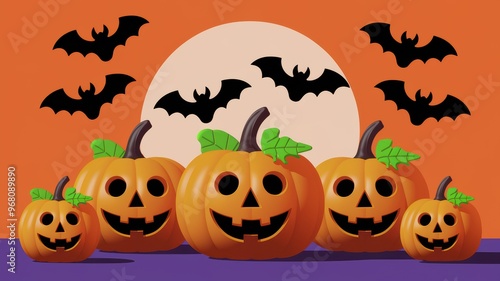 A festive Halloween scene featuring smiling jack-o'-lanterns surrounded by flying bats against a bright orange moonlit backdrop
