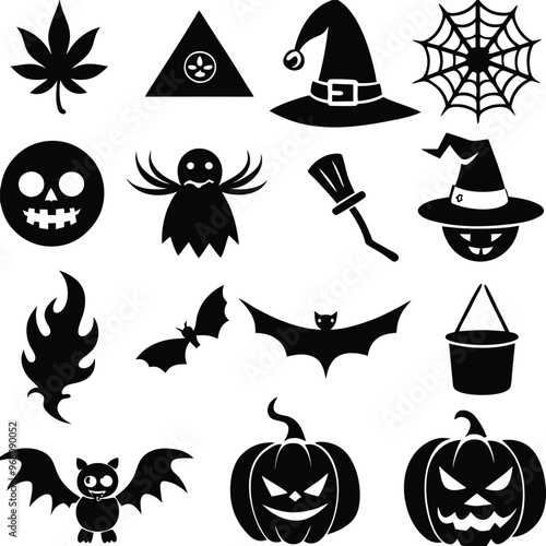 halloween set. pumpkin, skull, broom, headstone, spider, cobweb, crows, dead man's hand, witch hat, cauldron, bats. silhouette graphics. vector