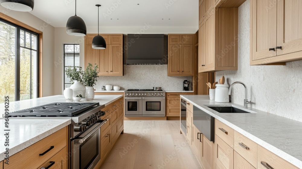 Fototapeta premium stylish swedish kitchen with oak cabinets and modern appliances, epitomizing culinary sophistication