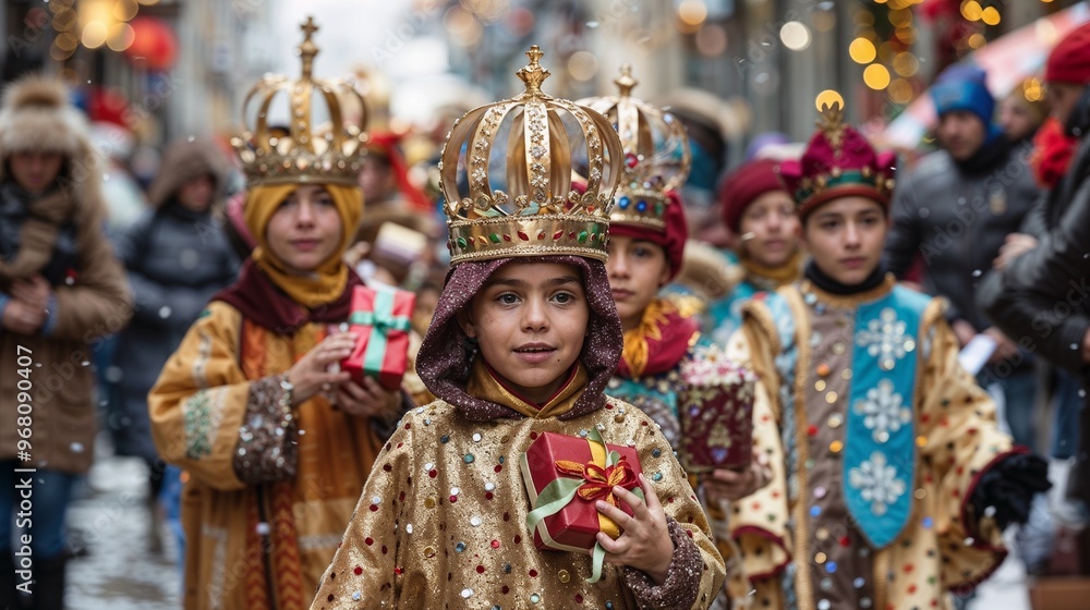 Fototapeta premium Celebration of the Three Kings holiday with children in costumes wearing crowns and carrying gifts in a festive parade