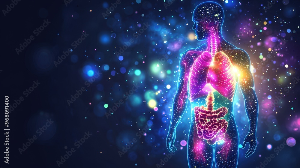 A vibrant depiction of the human body, showcasing internal organs in a colorful and artistic light against a dark background. A vibrant depiction of the human body, showcasing internal organs in a colorful and artistic light against a dark background.
