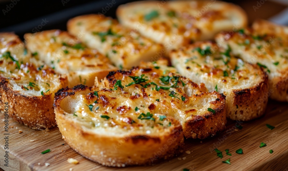 Freshly Baked Garlic Bread With Herbs Served on a Wooden Board in a Cozy Kitchen Setting Freshly Baked Garlic Bread With Herbs Served on a Wooden Board in a Cozy Kitchen Setting