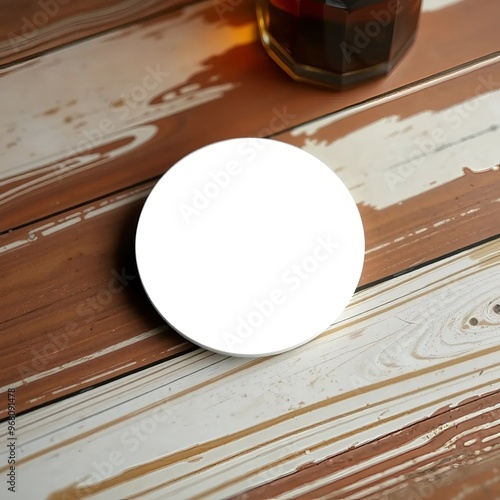 Blank Round Coaster Mockup on Rustic Wooden Surface photo