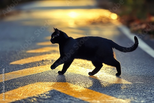 Black cat walking on yellow line on the road photo