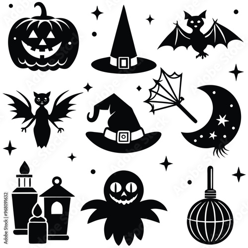 halloween set. pumpkin, skull, broom, headstone, spider, cobweb, crows, dead man's hand, witch hat, cauldron, bats. silhouette graphics. vector