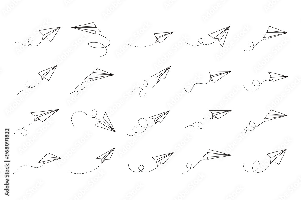 Hand drawn doodle paper plane set. isolated planes flight path. Line airplane icon travel, route. Hand drawn doodle paper plane set. isolated planes flight path. Line airplane icon travel, route.