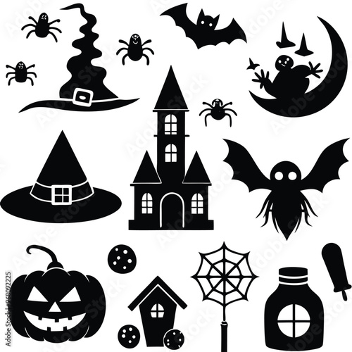 halloween set. pumpkin, skull, broom, headstone, spider, cobweb, crows, dead man's hand, witch hat, cauldron, bats. silhouette graphics. vector