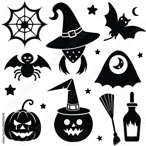 halloween set. pumpkin, skull, broom, headstone, spider, cobweb, crows, dead man's hand, witch hat, cauldron, bats. silhouette graphics. vector