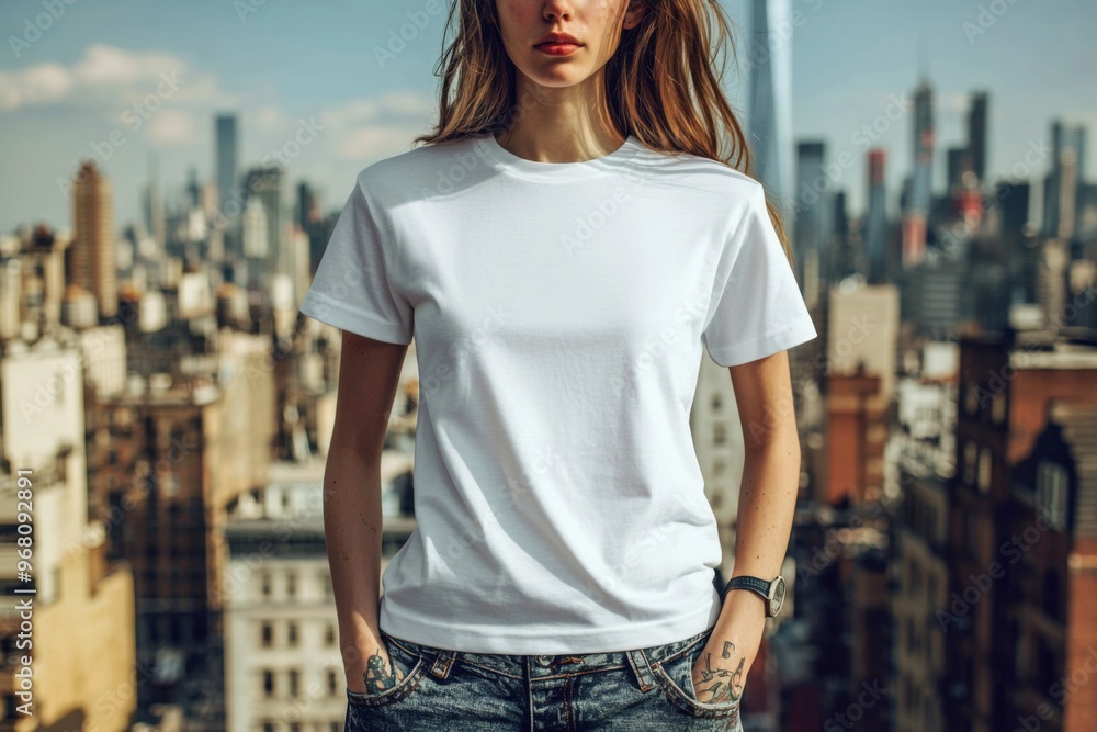 T-shirt worn by a model in an urban street wear style created with Generative AI T-shirt worn by a model in an urban street wear style created with Generative AI