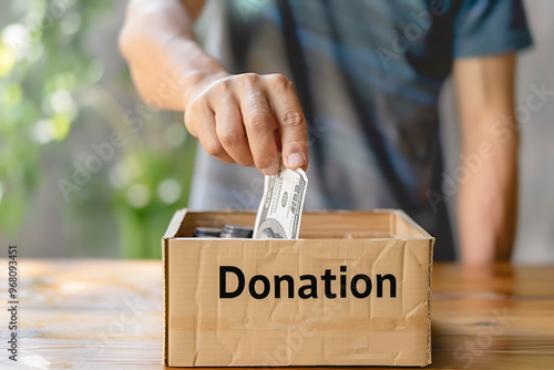 Man putting money into a donation box