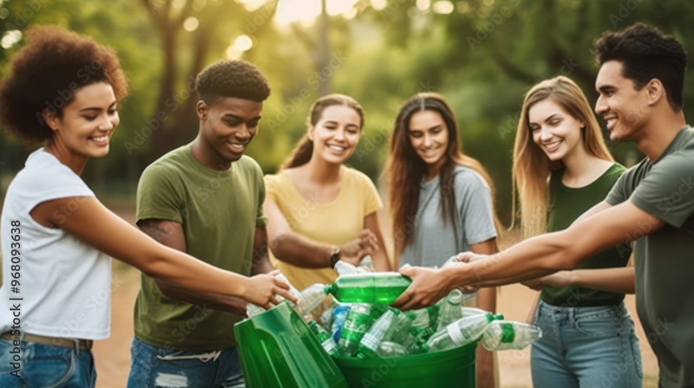 Group of Young Adults Recycling Plastic Bottles in a Park Group of Young Adults Recycling Plastic Bottles in a Park
