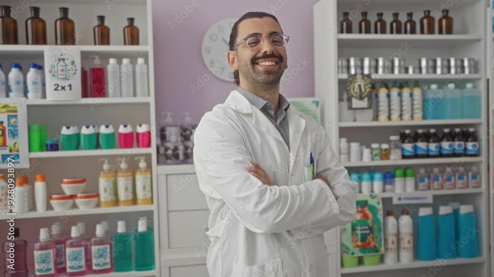 Handsome man with a moustache wearing glasses smiling confidently in a pharmacy interior surrounded by shelves of products Handsome man with a moustache wearing glasses smiling confidently in a pharmacy interior surrounded by shelves of products
