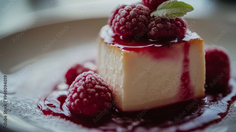 Close Up of Cheesecake with Raspberry Sauce and Fresh Raspberries Close Up of Cheesecake with Raspberry Sauce and Fresh Raspberries