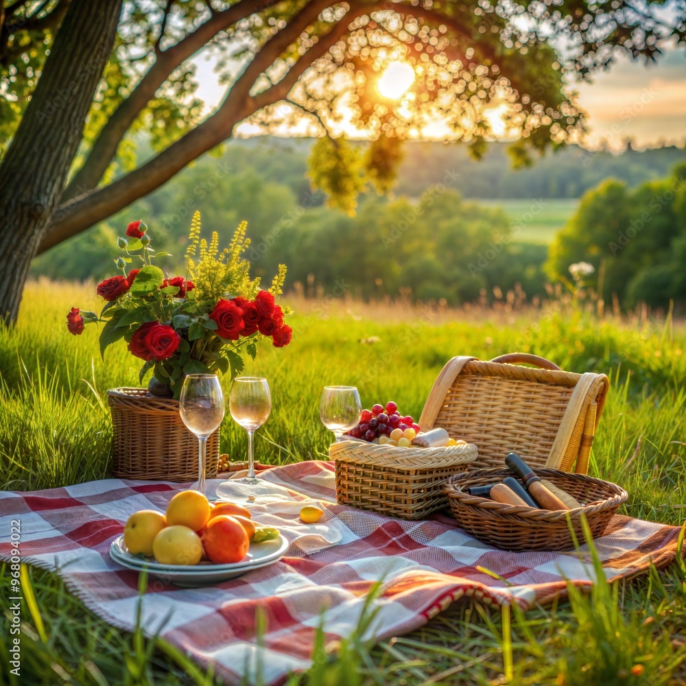 Scenic picnic arrangement with fruits and flowers at sunset in a beautiful meadow
Scenic picnic arrangement with fruits and flowers at sunset in a beautiful meadow
