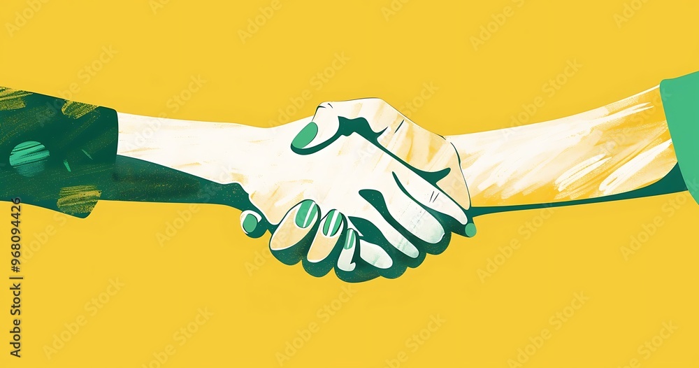 A collage banner with a handshake theme. Women's hands make a deal. Handling halftone effect with doodles on yellow background with hand drawn texture. Vector trendy illustration A collage banner with a handshake theme. Women's hands make a deal. Handling halftone effect with doodles on yellow background with hand drawn texture. Vector trendy illustration