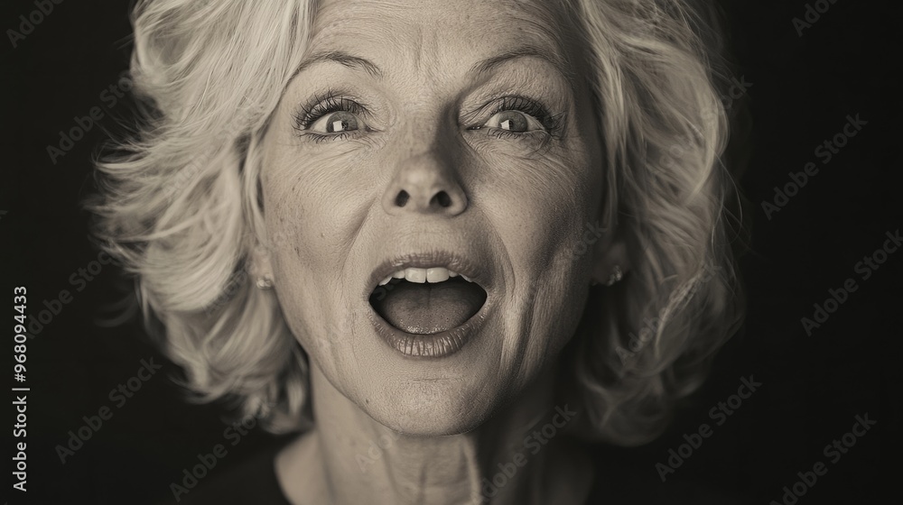 Happy blonde woman in 50 yo, black background, portrait, mouth rounded, saying oh, the woman is making oooh sound with her mouth, she is opening her mouth to make duck face. Happy blonde woman in 50 yo, black background, portrait, mouth rounded, saying oh, the woman is making oooh sound with her mouth, she is opening her mouth to make duck face.