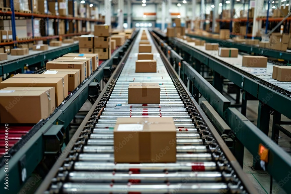 high-angle shot of a conveyor belt in a warehouse filled with cardboard boxes and packages, highlighting the seamless movement and efficiency of fulfillment processes in an e-business. high-angle shot of a conveyor belt in a warehouse filled with cardboard boxes and packages, highlighting the seamless movement and efficiency of fulfillment processes in an e-business.