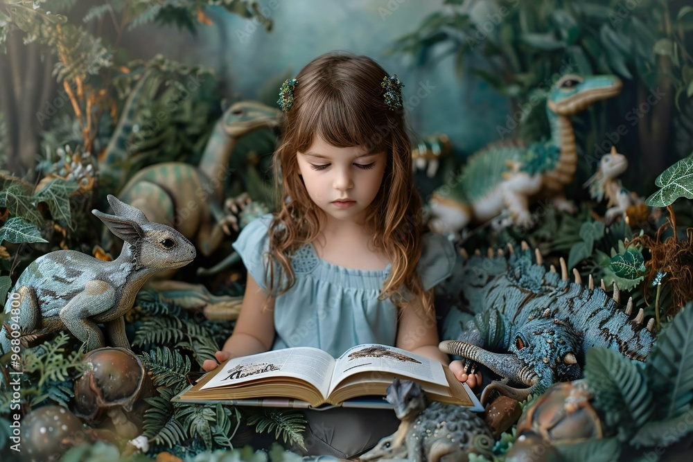 photo of a child reading a book in a magical forest surrounded by mythical creatures and whimsical elements. photo of a child reading a book in a magical forest surrounded by mythical creatures and whimsical elements.