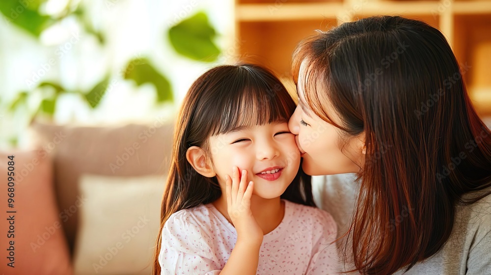 A warm moment between a mother and daughter, sharing love and joy with a sweet kiss and bright smiles in a cozy home setting. A warm moment between a mother and daughter, sharing love and joy with a sweet kiss and bright smiles in a cozy home setting.