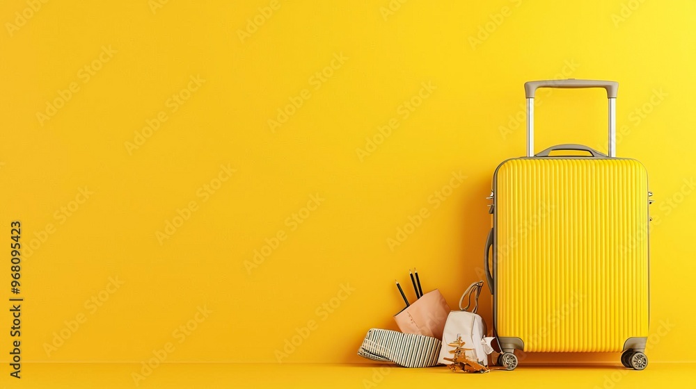 A vibrant yellow suitcase with colorful bags beside it, perfect for travel-themed projects and creative design. A vibrant yellow suitcase with colorful bags beside it, perfect for travel-themed projects and creative design.