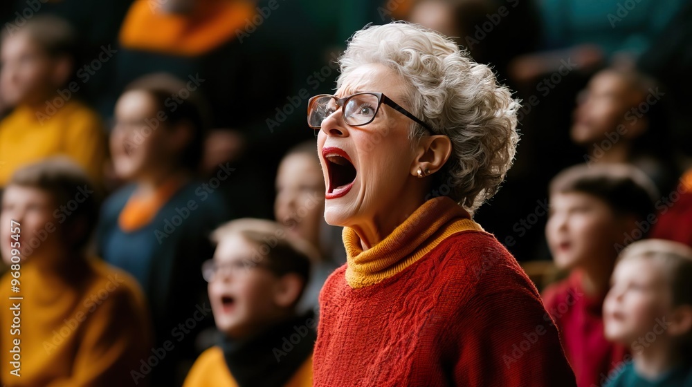 A passionate elderly woman sings joyfully in a choir, surrounded by a group of enthusiastic children, expressing vibrant emotion. A passionate elderly woman sings joyfully in a choir, surrounded by a group of enthusiastic children, expressing vibrant emotion.