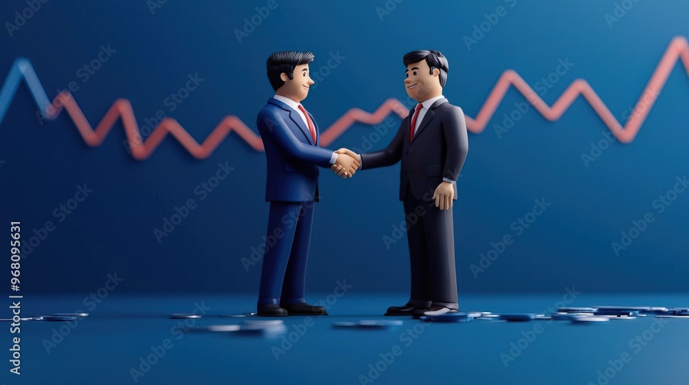 Two business figures shaking hands, symbolizing partnership and success against a backdrop of financial growth. Two business figures shaking hands, symbolizing partnership and success against a backdrop of financial growth.