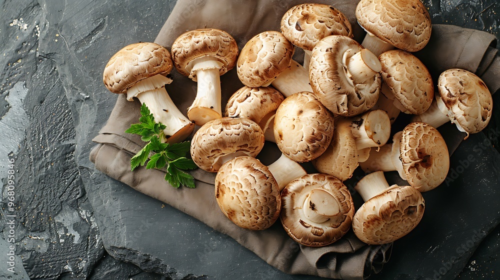 A top-down shot of mushrooms placed on a crisp napkin, with a dark slate background enhancing their details. A top-down shot of mushrooms placed on a crisp napkin, with a dark slate background enhancing their details.