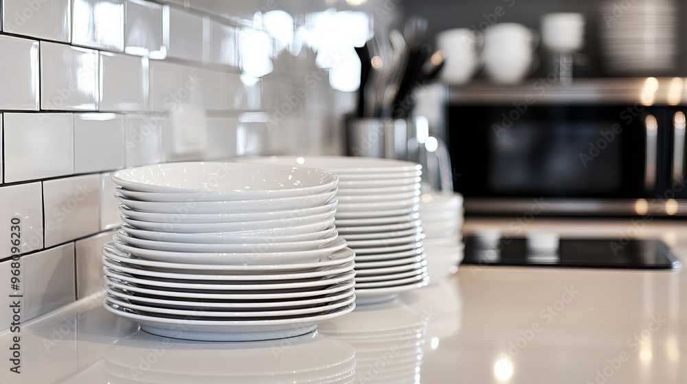 Stacks of gleaming, freshly washed plates stand at attention beside a microwave on a pristine kitchen counter, their ivory surfaces reflecting the ambient light. Stacks of gleaming, freshly washed plates stand at attention beside a microwave on a pristine kitchen counter, their ivory surfaces reflecting the ambient light.