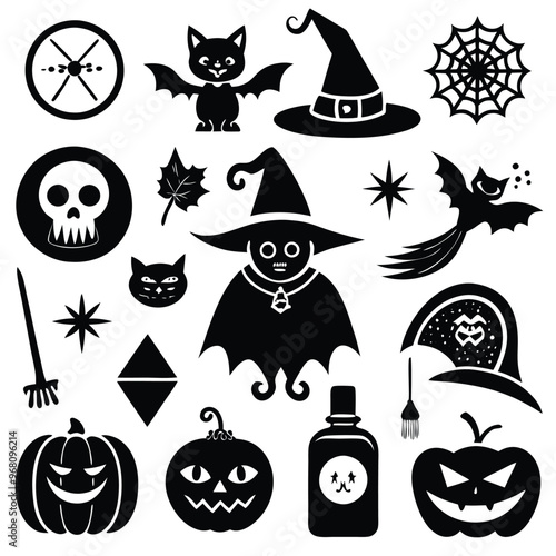 halloween set. pumpkin, skull, broom, headstone, spider, cobweb, crows, dead man's hand, witch hat, cauldron, bats. silhouette graphics. vector