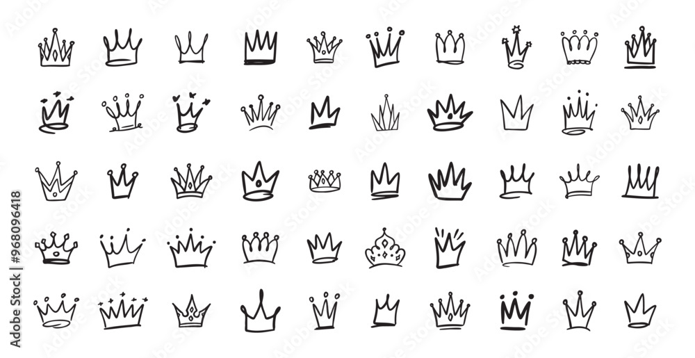 Hand drawn Crown vector set. Doodle collection. Drawing crowns. Royal head, Queen crown, King crown, various design. Hand drawn Crown vector set. Doodle collection. Drawing crowns. Royal head, Queen crown, King crown, various design.