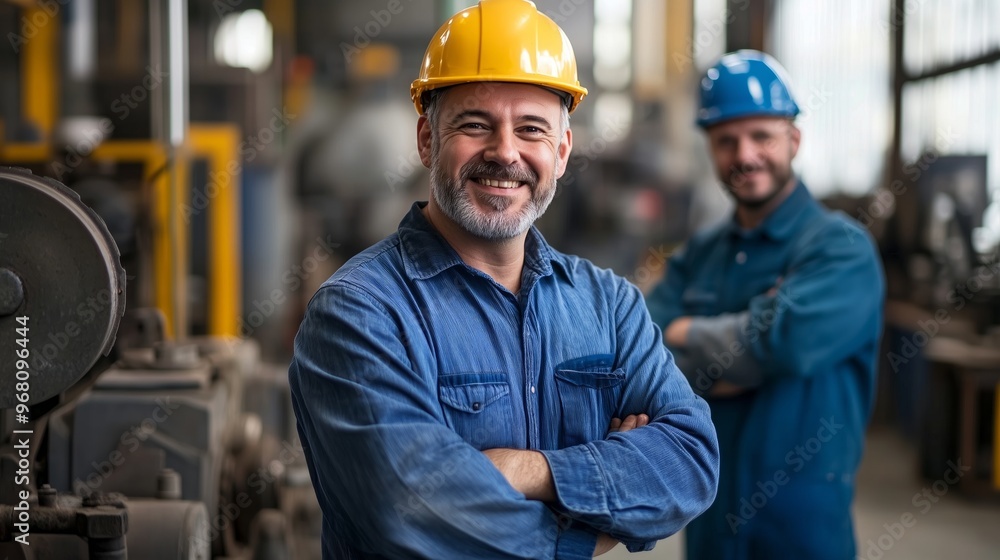 Two smiling workers in hard hats pose in a machinery workshop during daytime, showcasing teamwork and professionalism in their industry Two smiling workers in hard hats pose in a machinery workshop during daytime, showcasing teamwork and professionalism in their industry