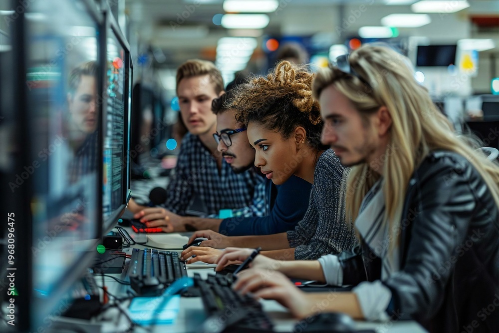 diverse group of software developers collaborating on a project in a modern office setting filled with computer screens and technology equipment. diverse group of software developers collaborating on a project in a modern office setting filled with computer screens and technology equipment.