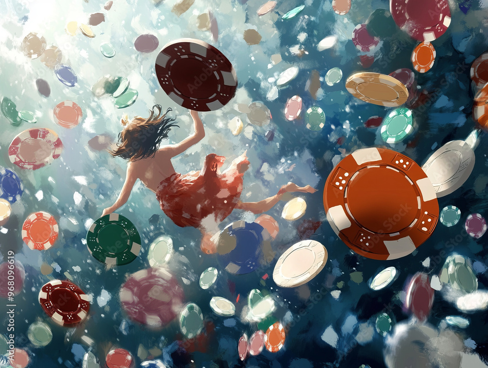 Obraz na plátně Dreamlike Scene of a Person Floating Underwater Surrounded by Casino Chips in a