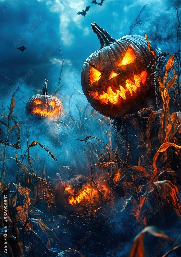 Halloween pumpkins glowing in a spooky cornfield at night Halloween pumpkins glowing in a spooky cornfield at night