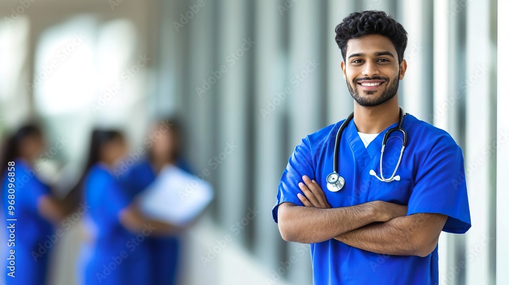 Fototapeta premium Smiling healthcare professional in blue scrubs stands confidently in a hospital corridor, ready to assist patients and colleagues.