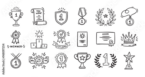 Awards doodle, trophy cups, first place medals and diploma set. Hand drawn champion trophy cup and gold medal. Drawing award decorative isolated icons. 