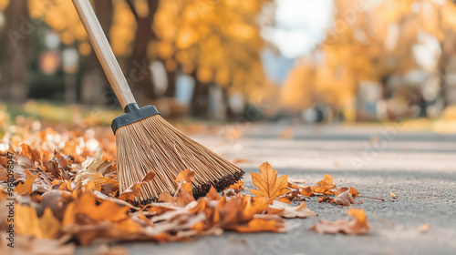 Wallpaper Mural Wooden Vintage Straw Broom Cleaning Orange Autumn Leaves on Park Ground: Fall Season Nature Sweep, October Garden Yard Work, Street Worker with Copy Space. photo Torontodigital.ca